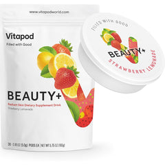 Vitapod Beauty+ strawberry lemonade pod close-up for on-the-go hydration