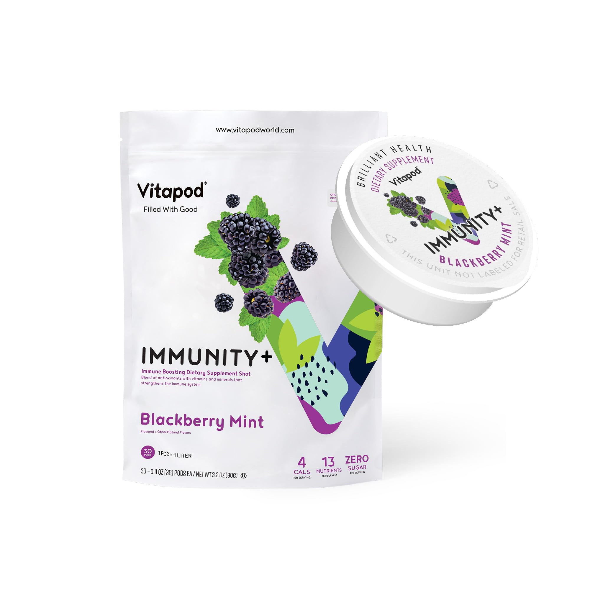 Vitapod Immunity+ Blackberry Mint pod closeup for an immune-support beverage