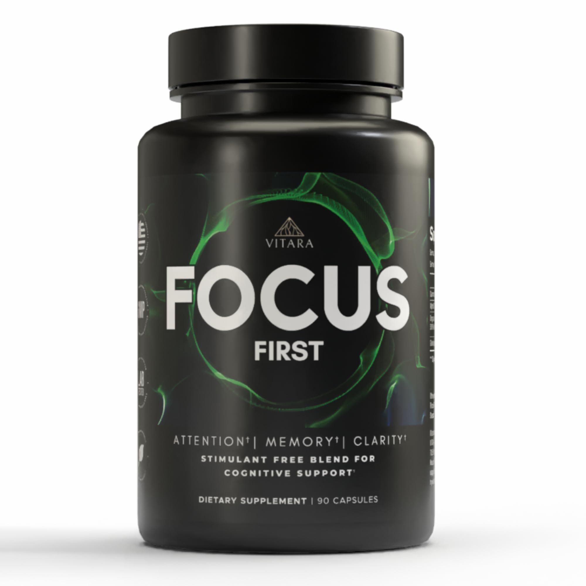 VITARA Focus First bottle label shows clean design for calm focus on busy days.