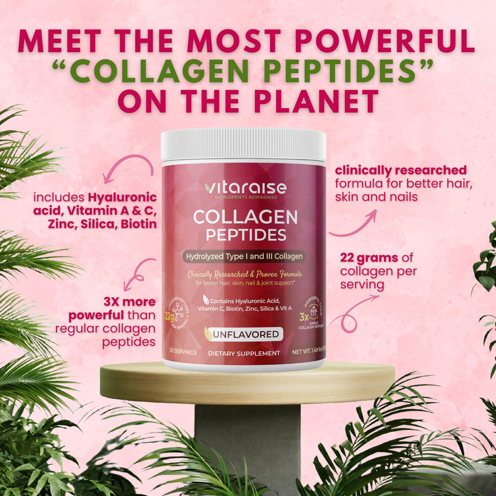 Vitaraise collagen powder scoop showing 22g per serving for daily collagen