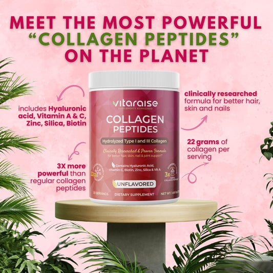 Vitaraise collagen powder scoop showing 22g per serving for daily collagen