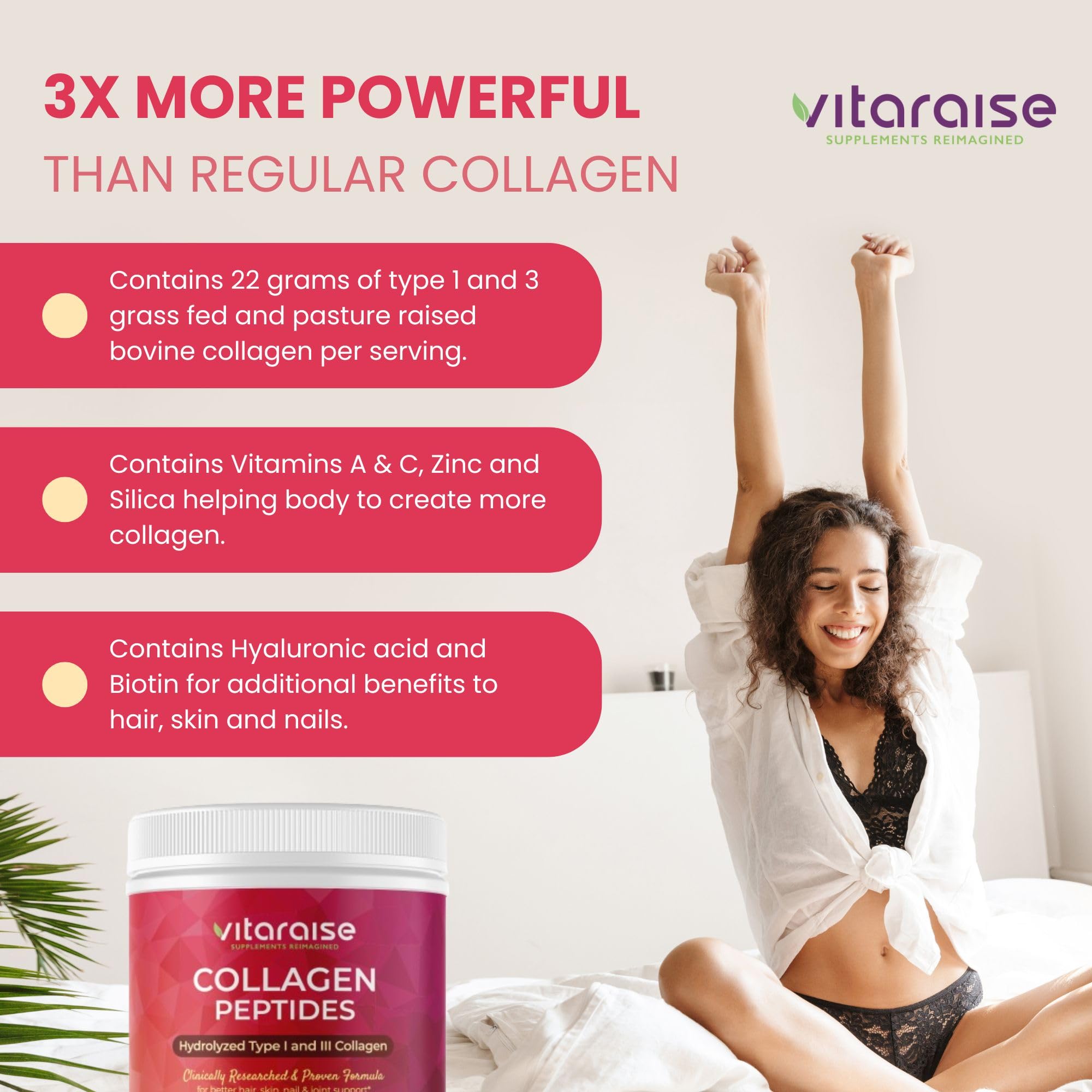 Vitaraise grass-fed collagen blend with hyaluronic acid and biotin for shine