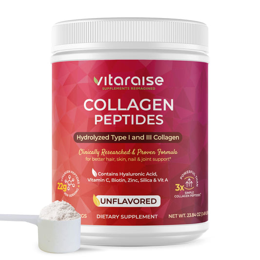 Vitaraise hydrolyzed collagen powder tub highlighting 3X potency for radiant skin