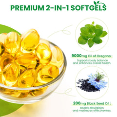 VitareNew softgels closeup showing high potency oregano and black seed oils for daily vitality.