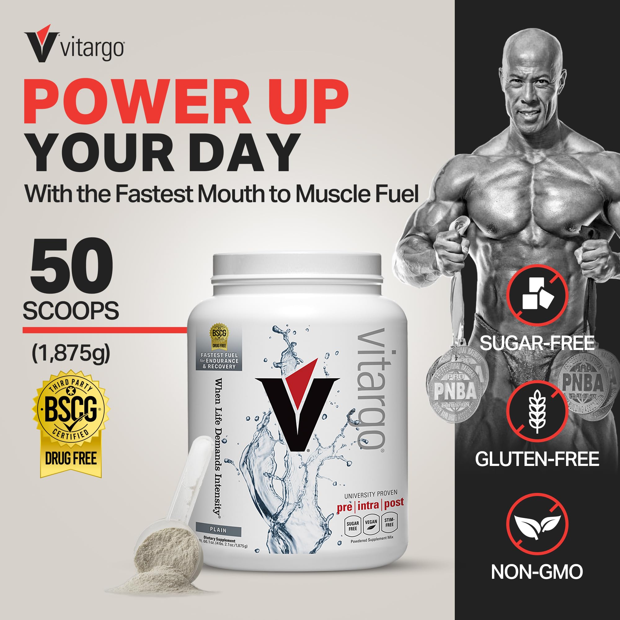 Vitargo powder scoop dispensing for quick intra-workout fueling.