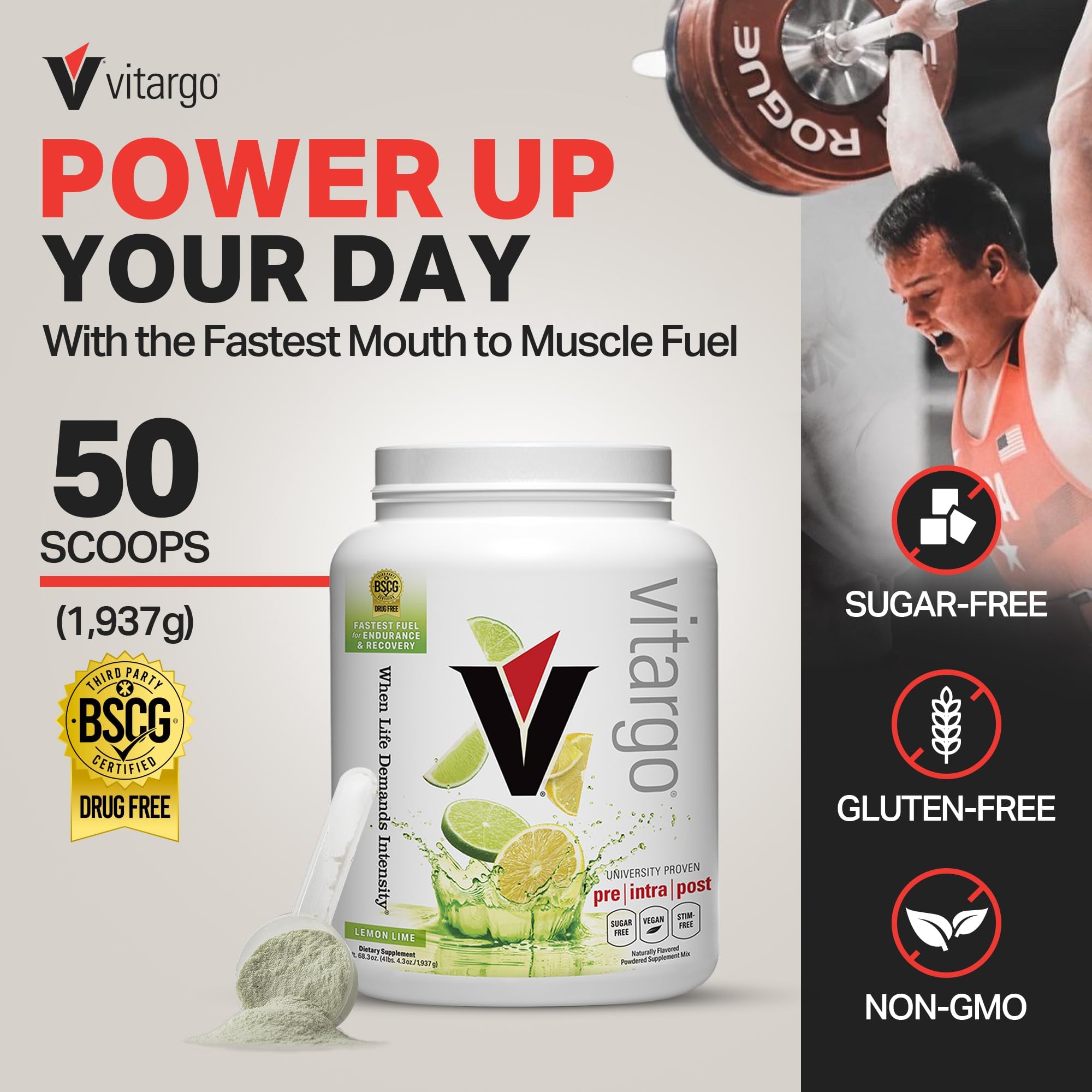 Vitargo scoop beside lemon-lime powder ready to fuel training.