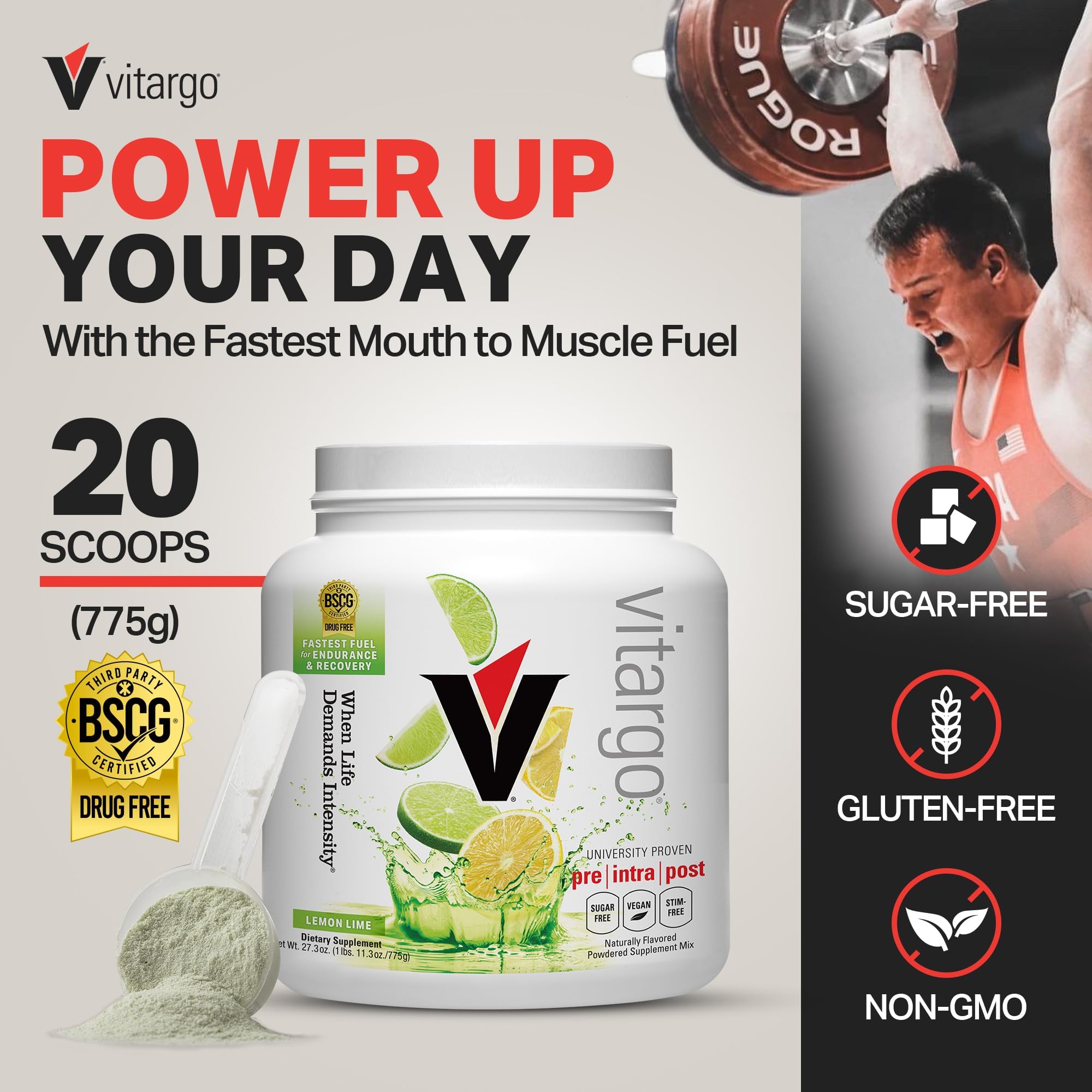 Vitargo lemon-lime powder scoop beside bottle for easy mixing.
