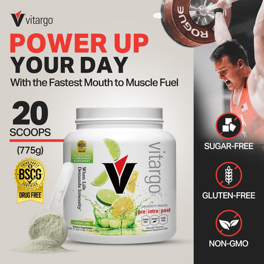 Vitargo lemon-lime powder scoop beside bottle for easy mixing.