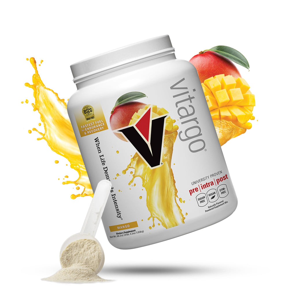 Vitargo mango carbohydrate powder bottle with scoop showing fast glycogen support for workouts