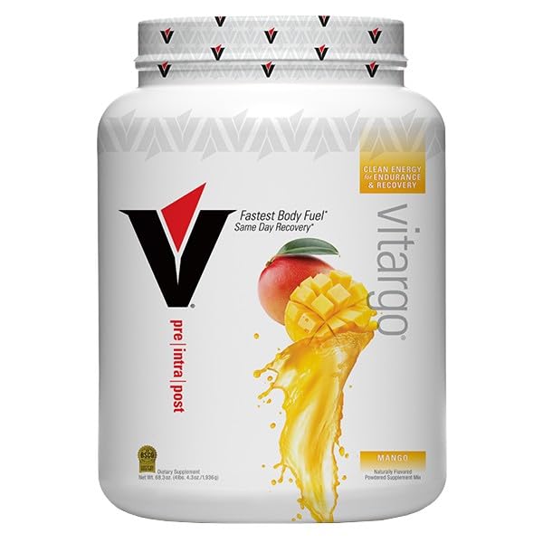 Vitargo mango label close-up noting sugar-free vegan formula