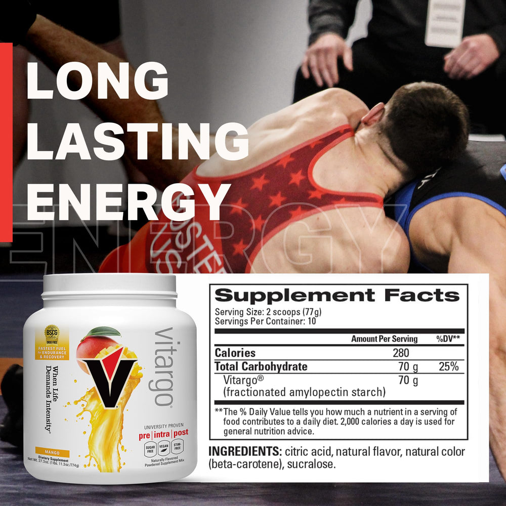 Vitargo Mango label closeup, vegan, sugar-free, and gluten-free credentials.