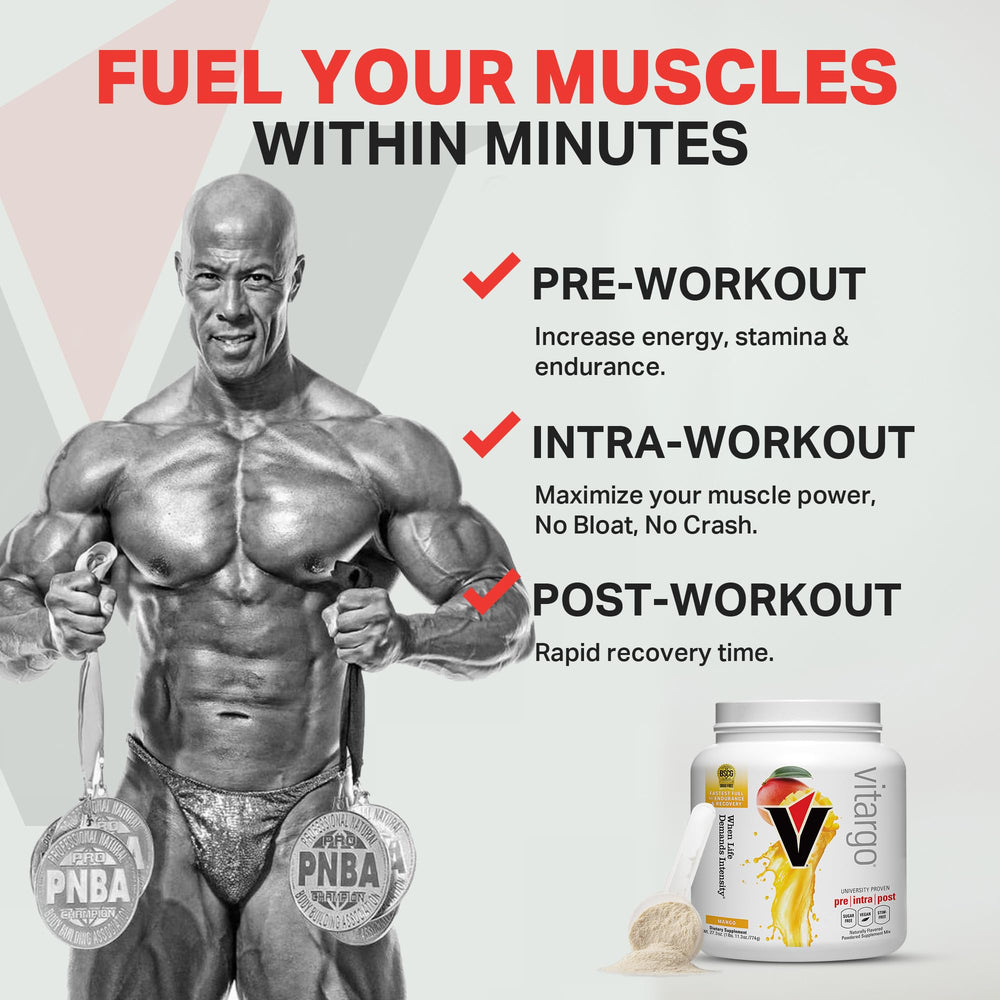 Vitargo Mango pre-workout stack alongside BCAAs for sustained energy.