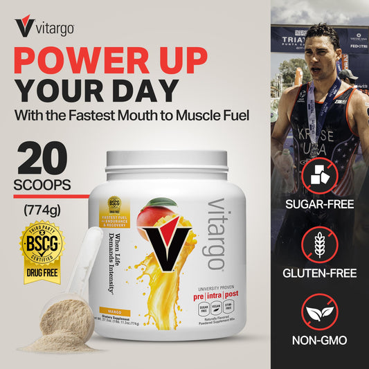 Vitargo Mango scoop dissolving in water, quick energy without bloating.