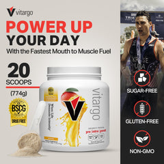 Vitargo Mango scoop dissolving in water, quick energy without bloating.