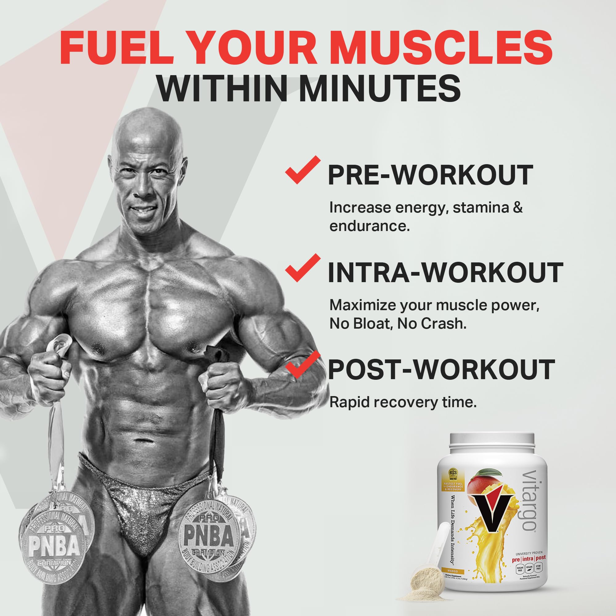 Vitargo mango tub and glass for post-workout recovery on gym surface