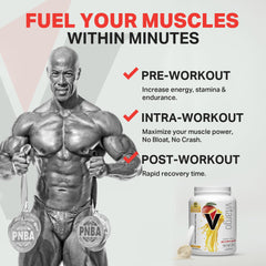 Vitargo mango tub and glass for post-workout recovery on gym surface