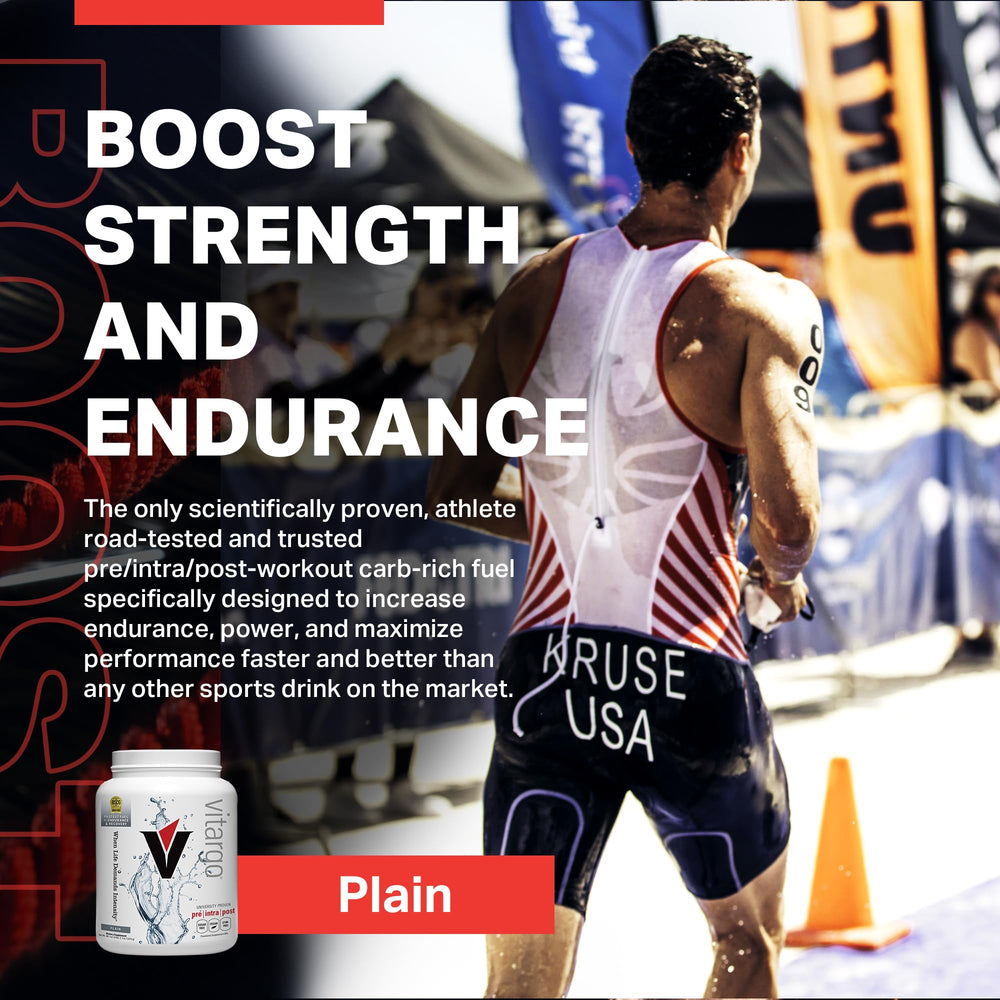 Vitargo plain flavor bottle side highlights sugar-free, clean energy.