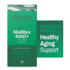 Vitasave Niamax capsules close-up showing 300mg NRC NAD+ precursor