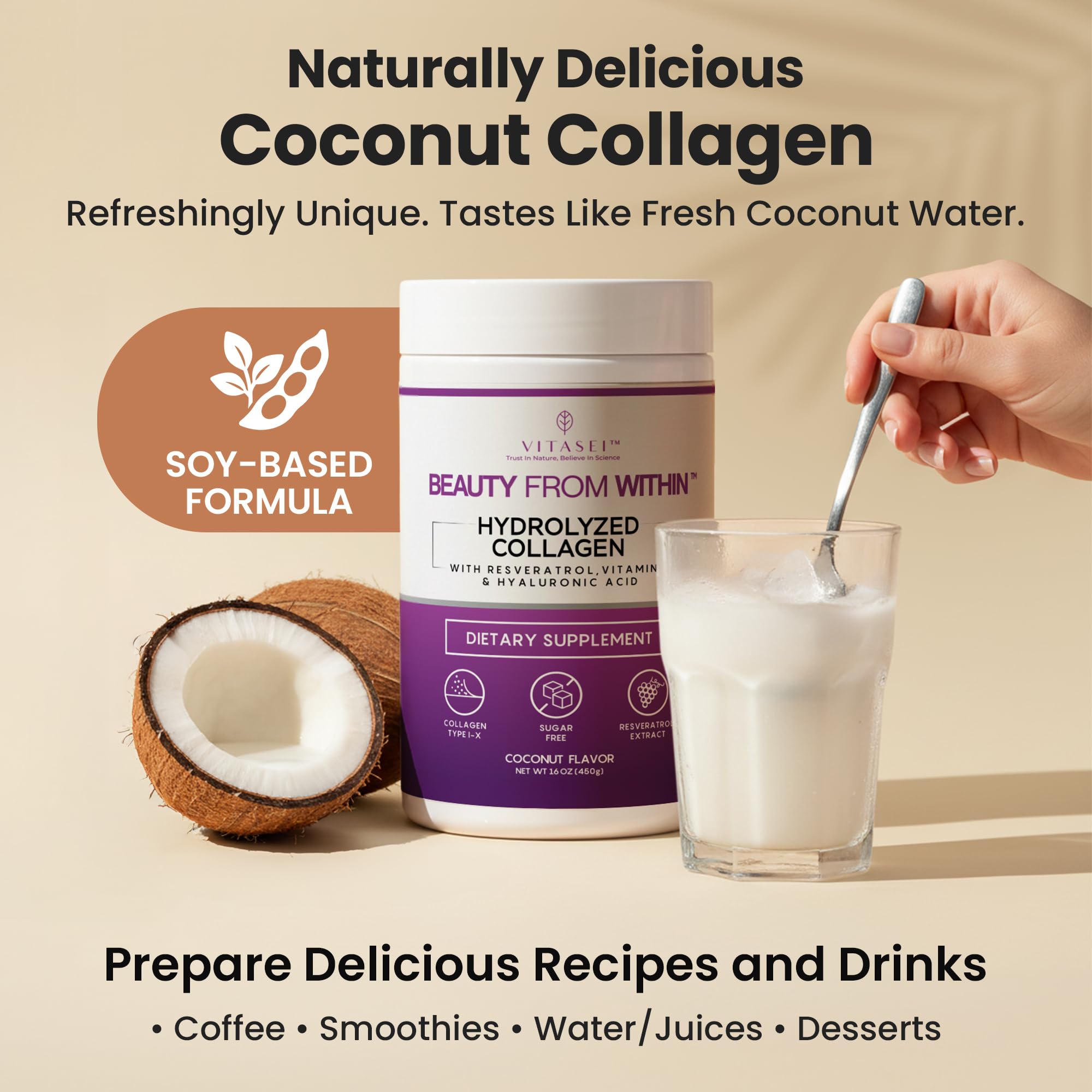Dissolving VITASEI collagen powder in coffee creates a smooth, nourishing drink.