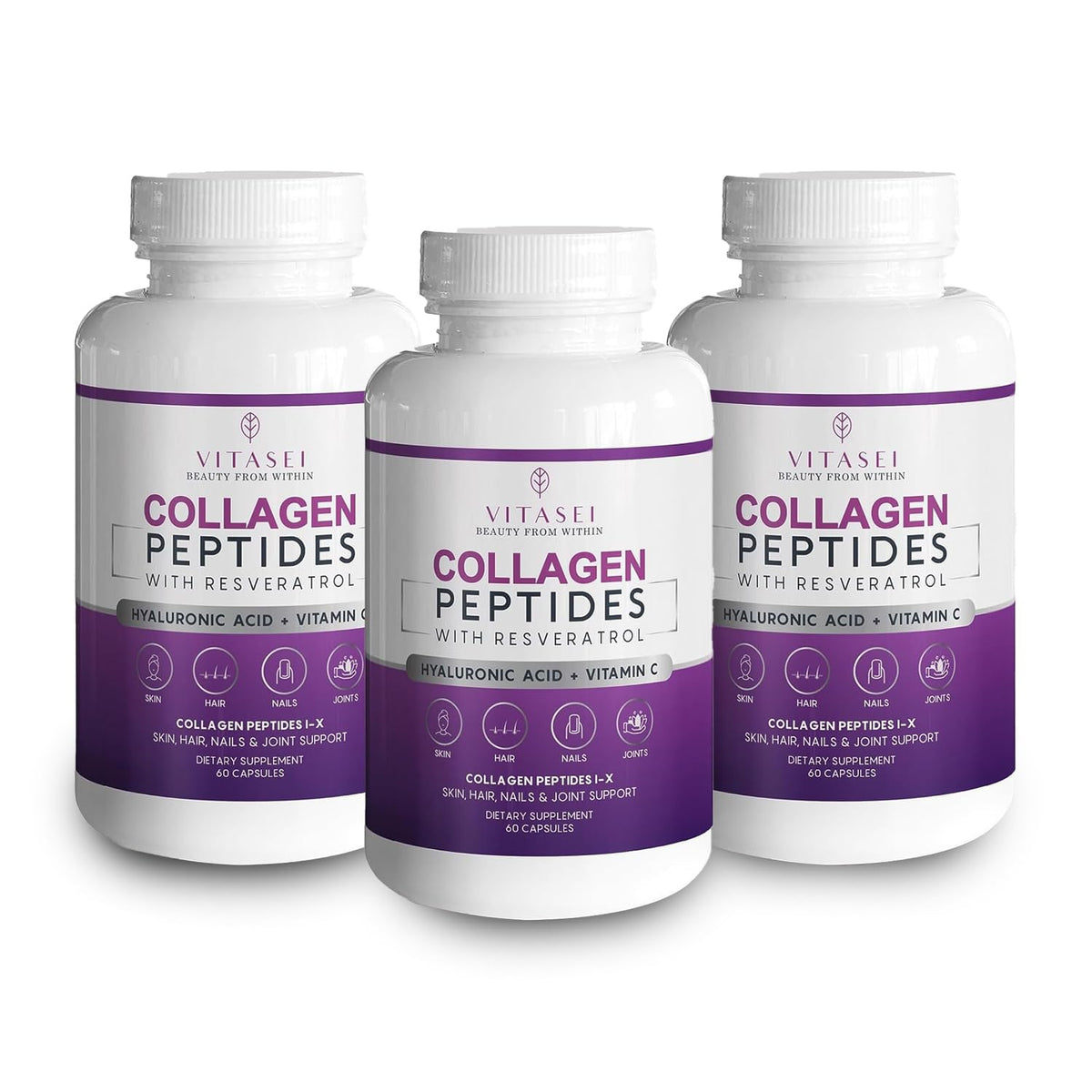 VITASEI Collagen Peptide bottle with 60 capsules for a three-month supply