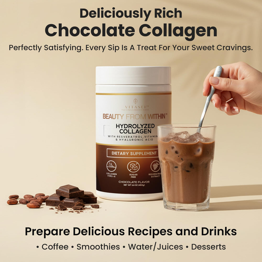 Chocolate Vitasei collagen drink in glass, delicious daily treat.