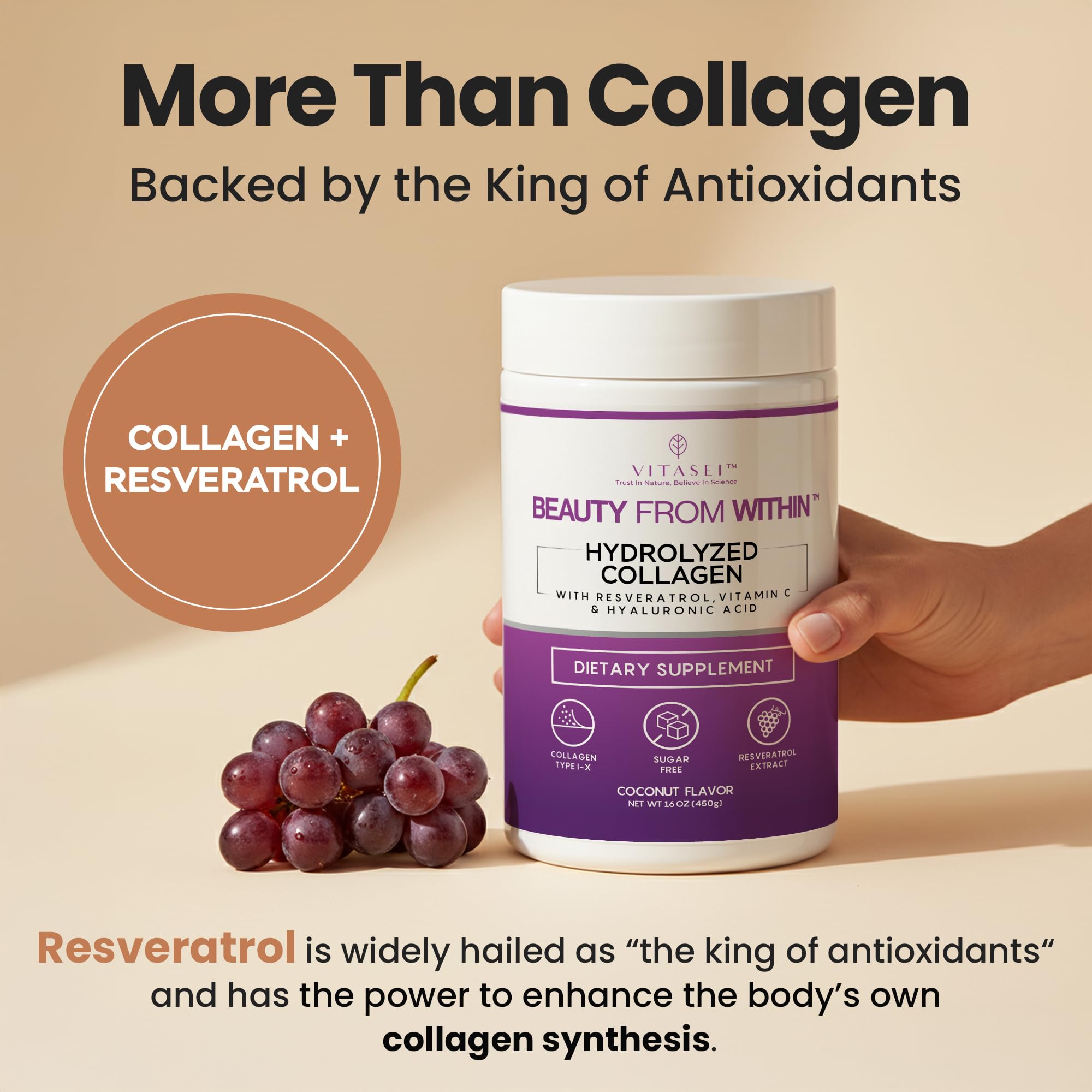 VITASEI collagen powder scoop shown beside bottle for easy daily use.