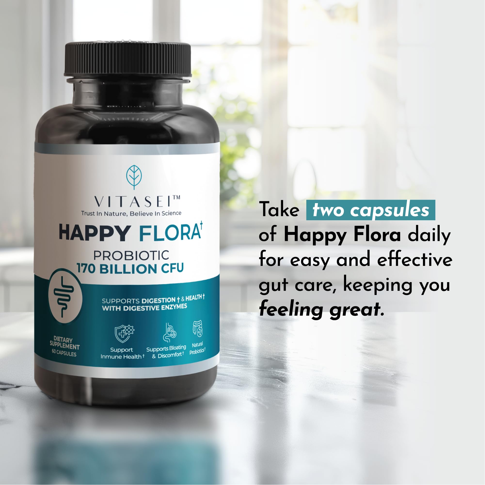 VITASEI Happy Flora packaging detail showcasing GMP quality