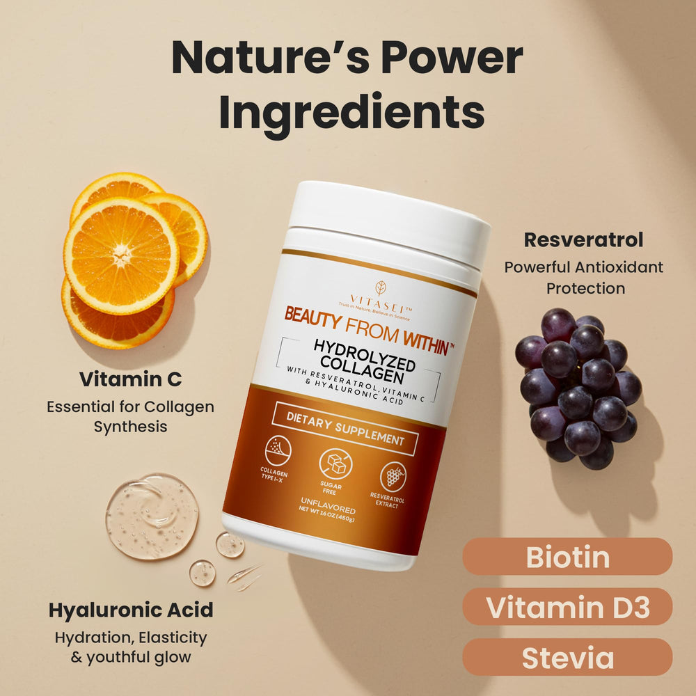 Vitasei collagen powder closeup — smooth texture with resveratrol and vitamin C.