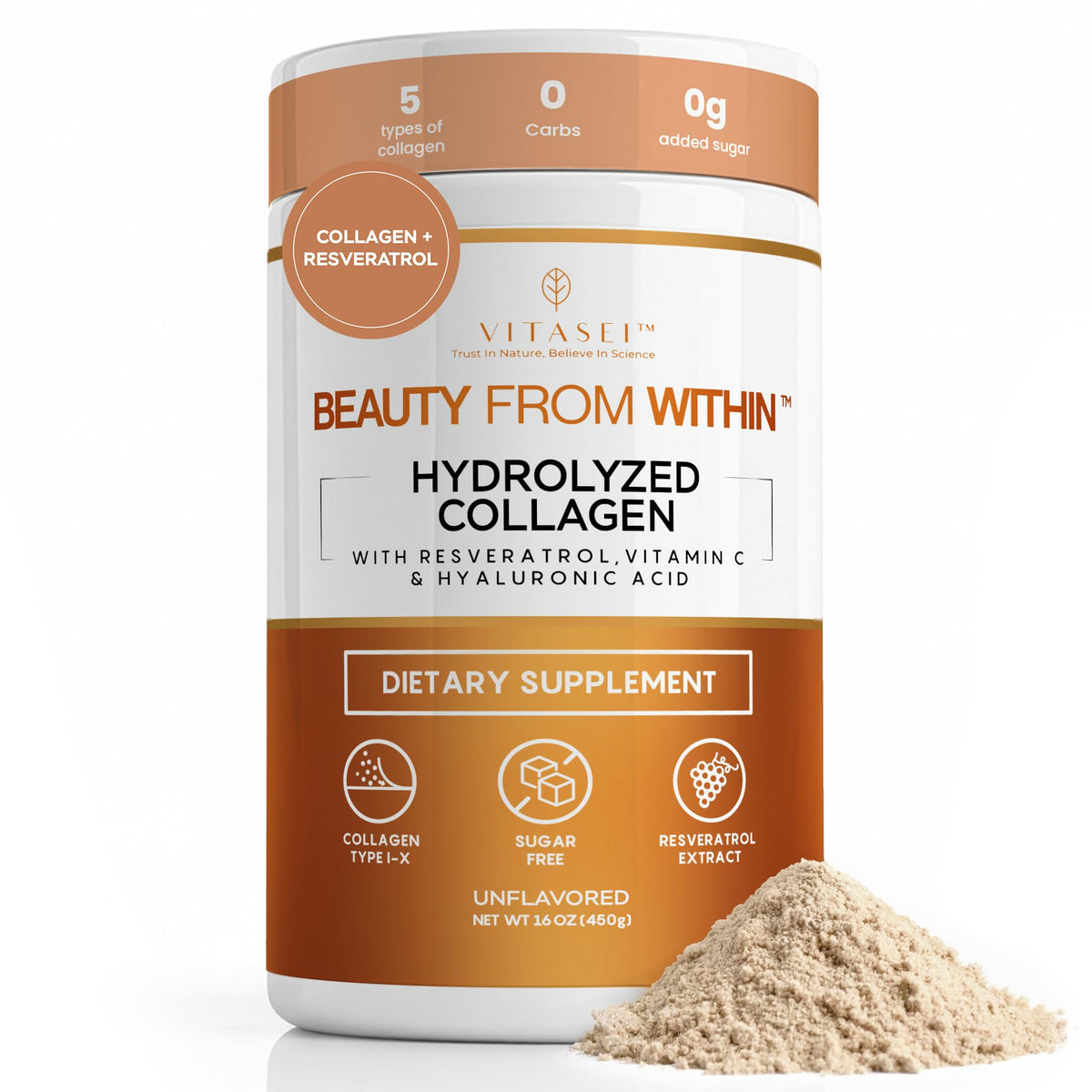 Vitasei hydrolyzed collagen powder bottle — unflavored and easy to mix into drinks.