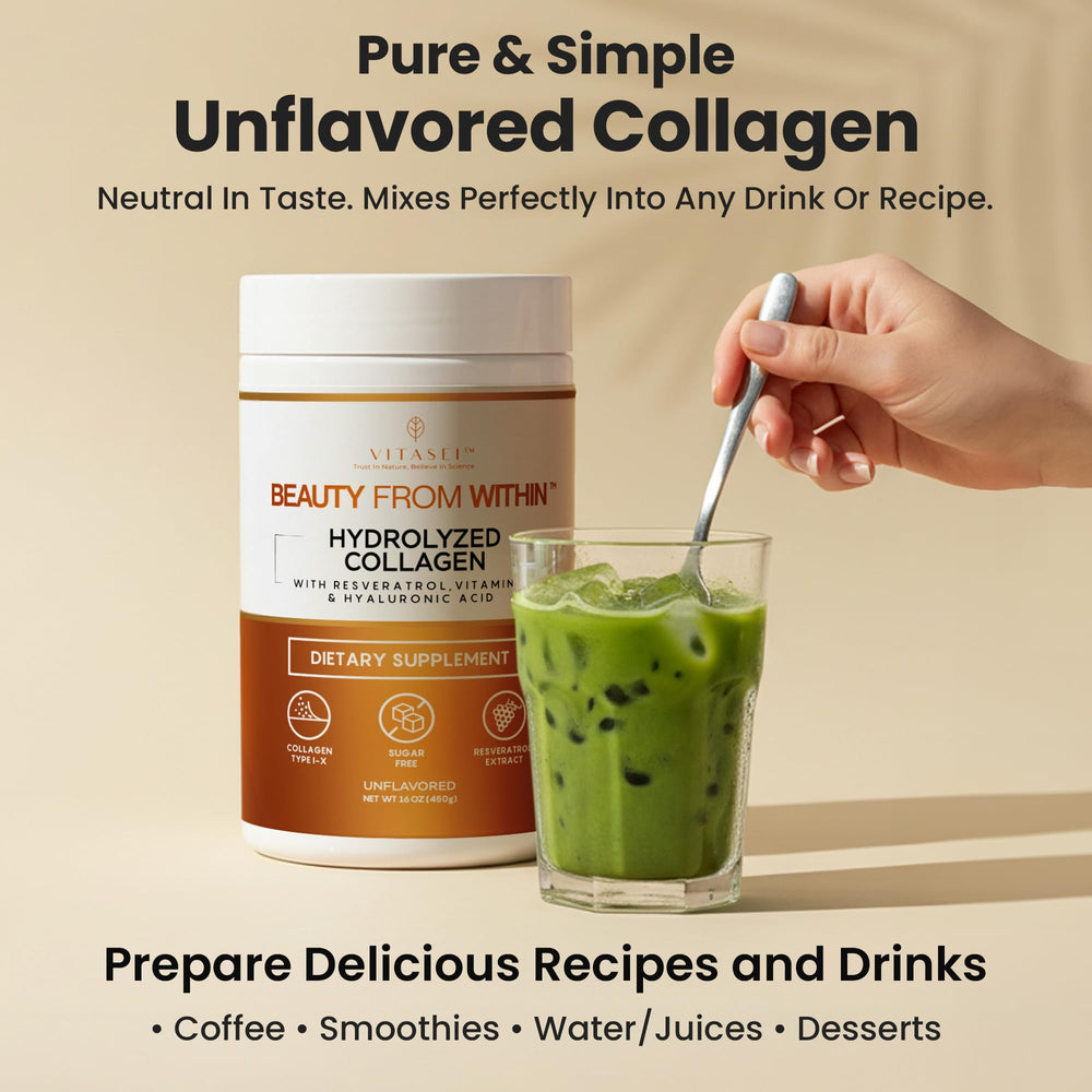 Vitasei collagen powder dissolving in coffee or smoothies.