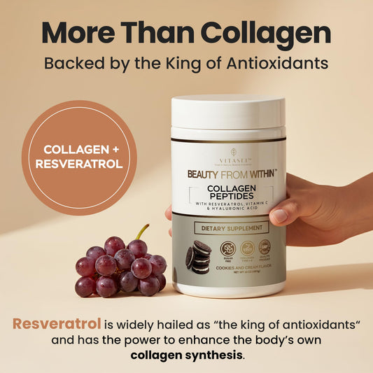 Vitasei collagen powder scoop over glass, easy mix in drinks.