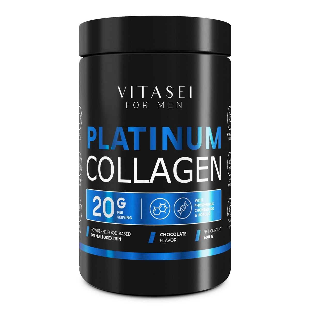 VITASEI hydrolyzed collagen powder tub label with chocolate flavor and energy-boosting ingredients.
