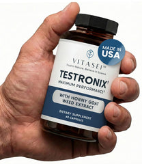 VITASEI Testronix bottle on counter showing daily energy support.