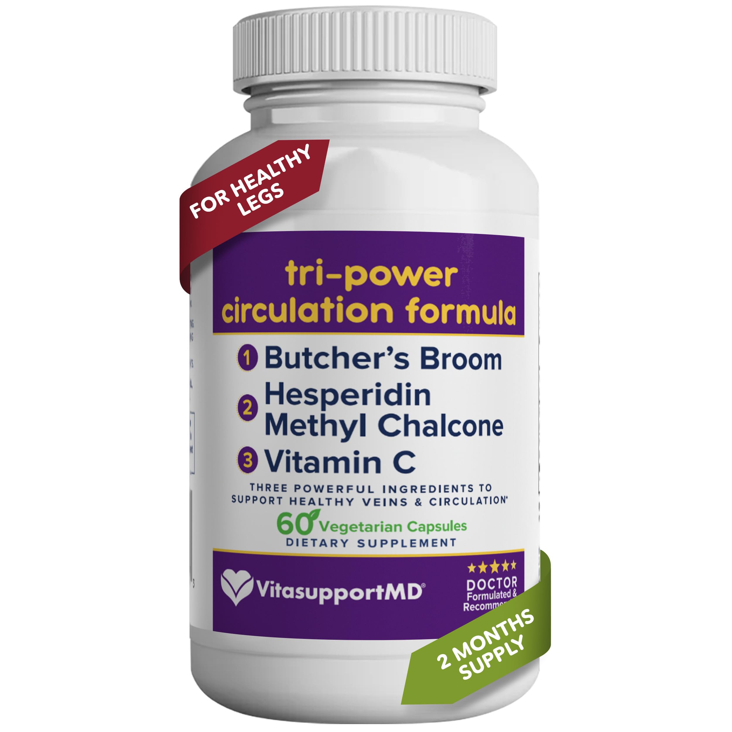 VITASUPPORTMD Tri-Power Circulation bottle on counter supports daily leg comfort.