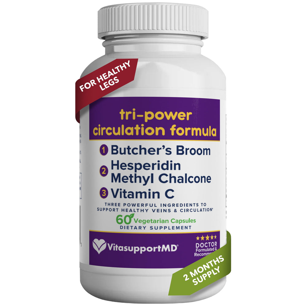VITASUPPORTMD Tri-Power Circulation bottle on counter supports daily leg comfort.