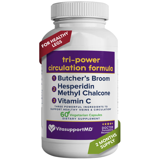 VITASUPPORTMD Tri-Power Circulation bottle on counter supports daily leg comfort.