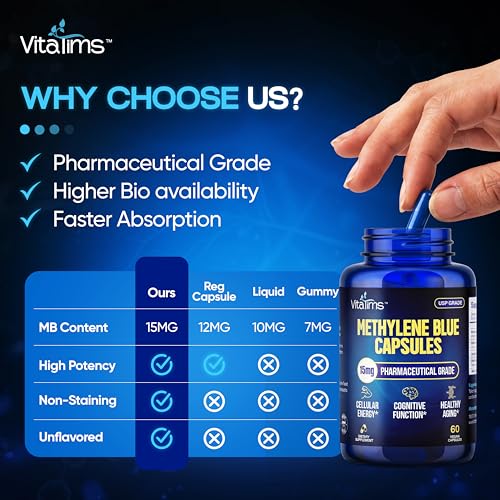 Vitatims Methylene Blue capsules label emphasizes USP-grade purity for reliable use