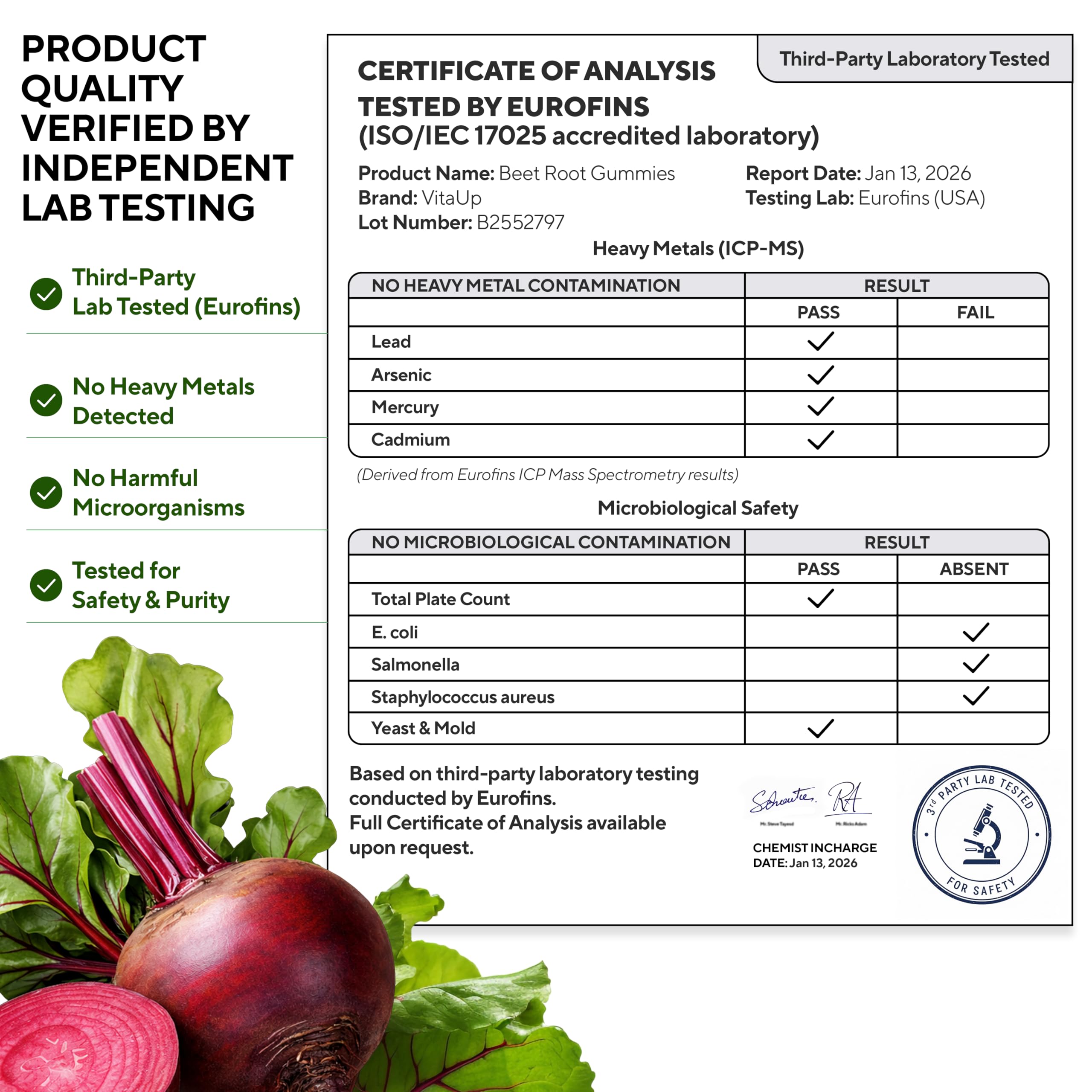 VitaUp Beet Root Gummies flavor gloss showing mixed berry and pomegranate notes.