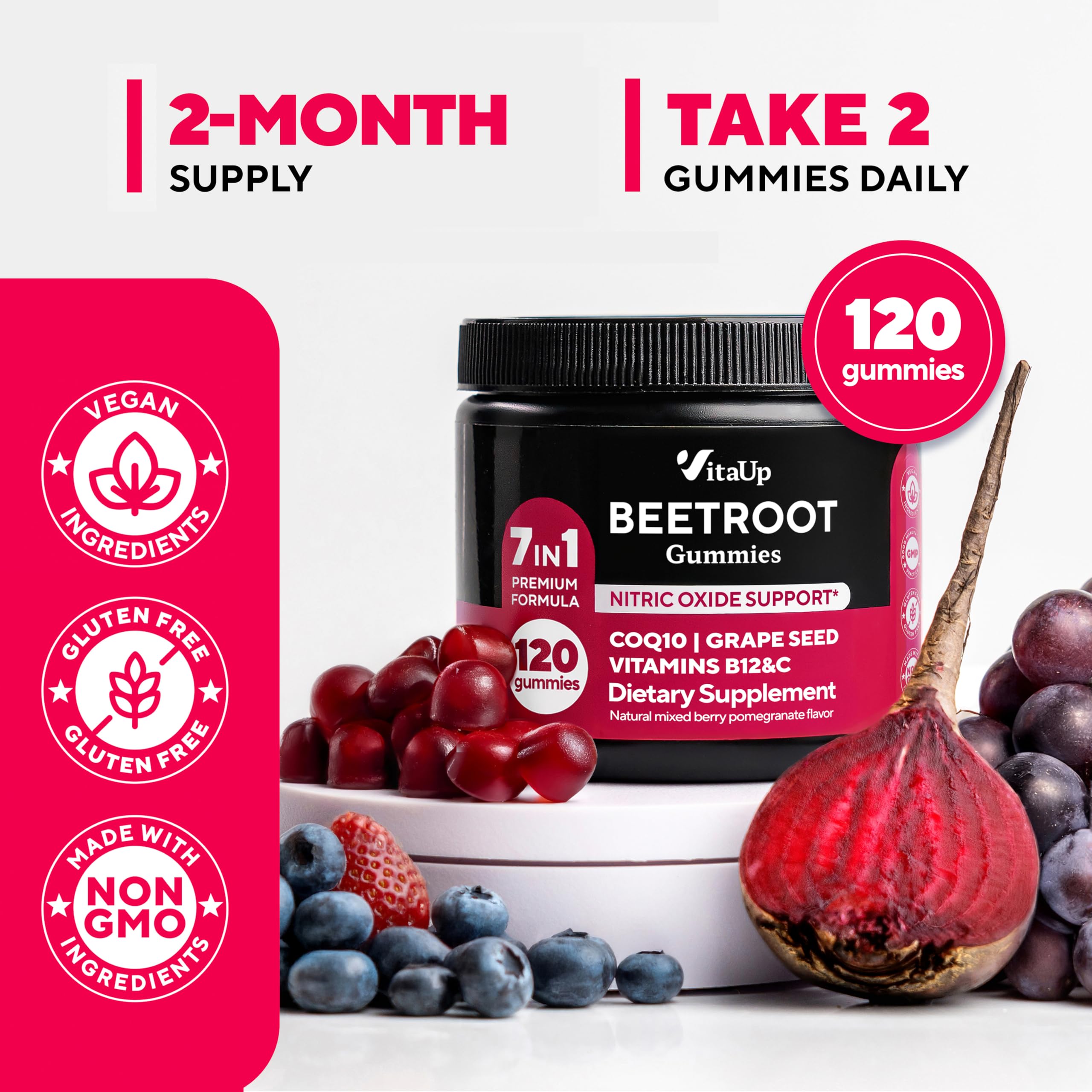VitaUp Beet Root Gummies packaging sleeve highlighting GMP-certified quality.