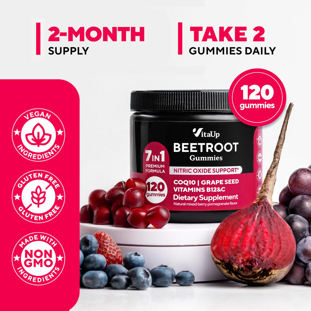 VitaUp Beet Root Gummies packaging sleeve highlighting GMP-certified quality.