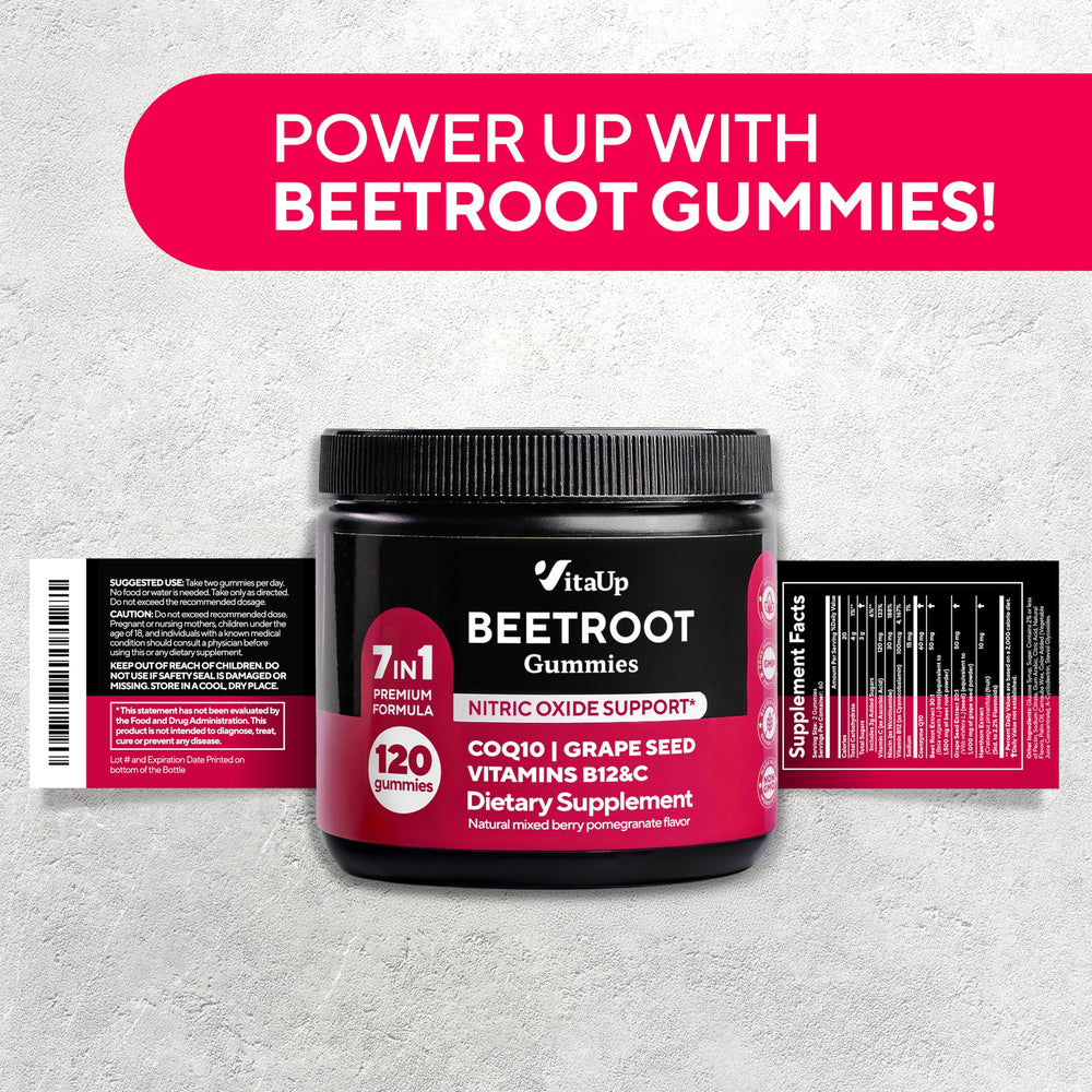 VitaUp Beet Root Gummies soft chews resting on a desk for daily use.