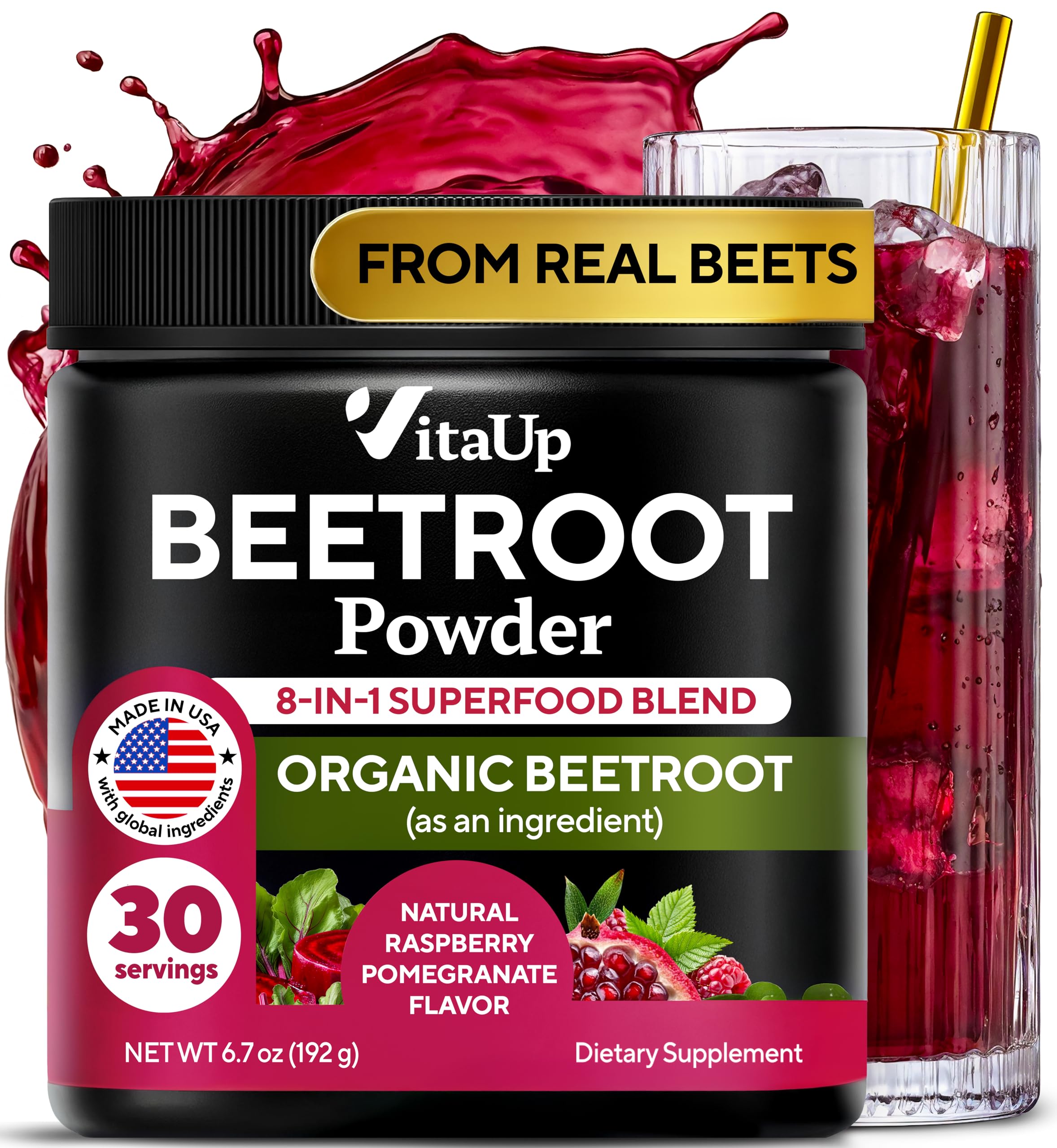 VitaUp Beet Root Powder bottle on shelf promotes daily vitality.