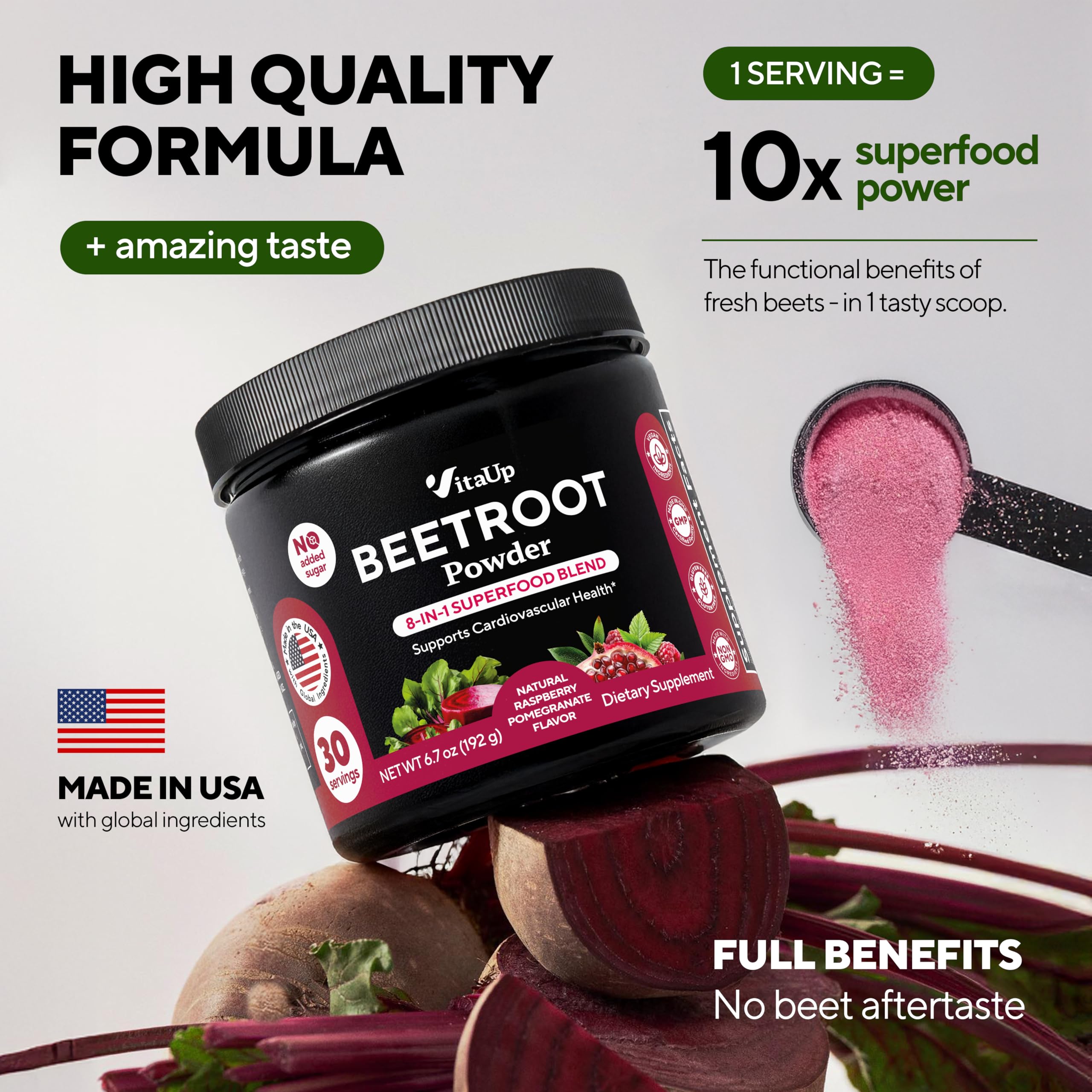 VitaUp Beet Root Powder with fresh berries backdrop highlights berry flavor for enjoyable use.