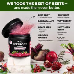 VitaUp Beet Root Powder ingredients spread highlights antioxidants.