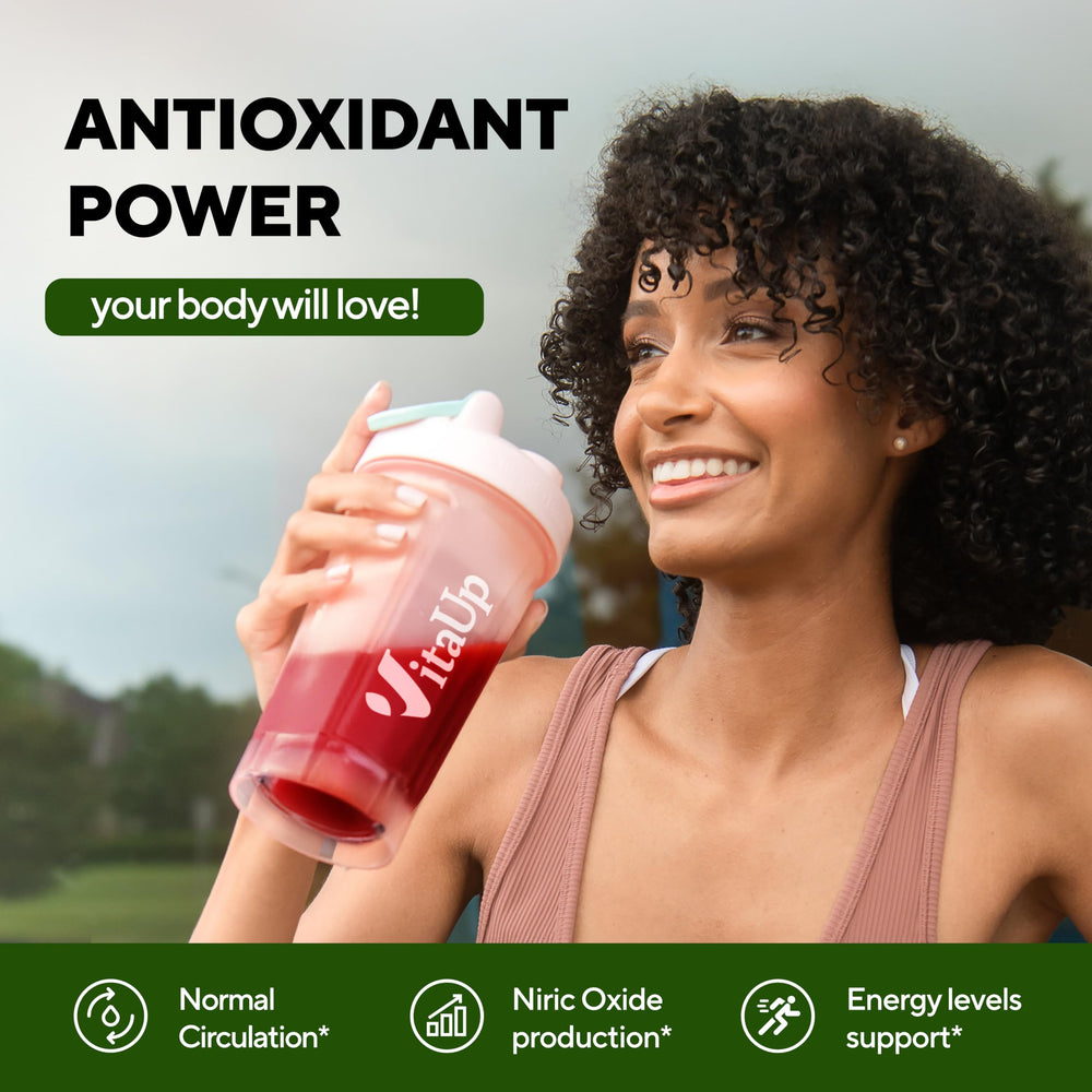 VitaUp Beet Root Powder with mixed berry backdrop highlights berry flavor for enjoyable use.
