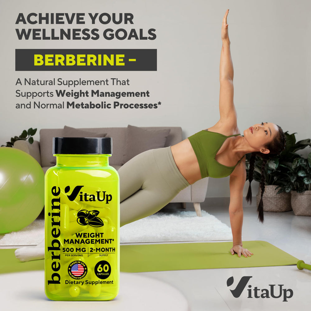 VitaUp Berberine bottle with glass suggests convenient daily intake.