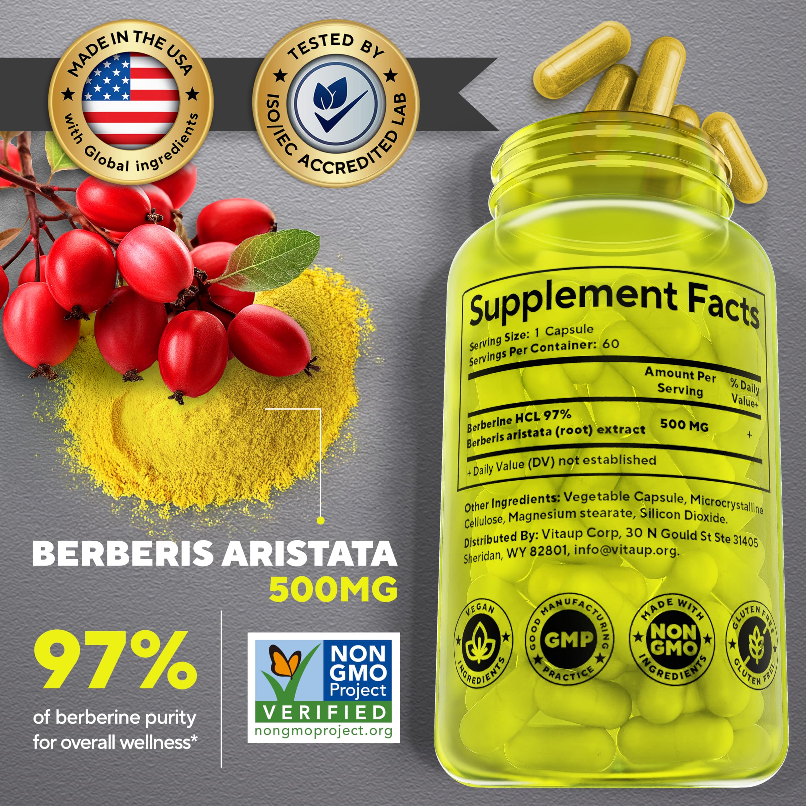 VitaUp Berberine capsules close-up show easy daily dosage.