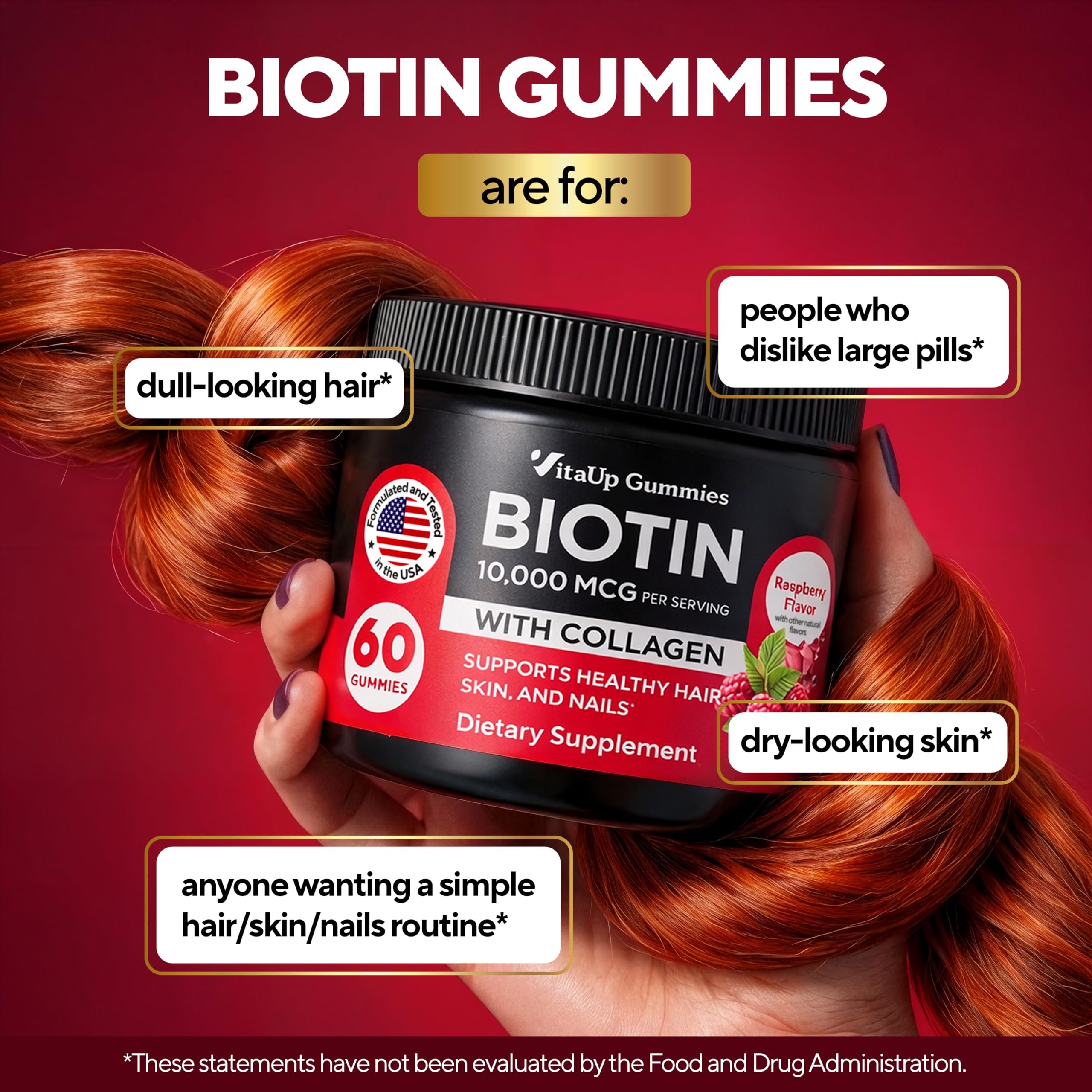 VitaUp Biotin Gummies packaging shows kosher certification for trusted use.