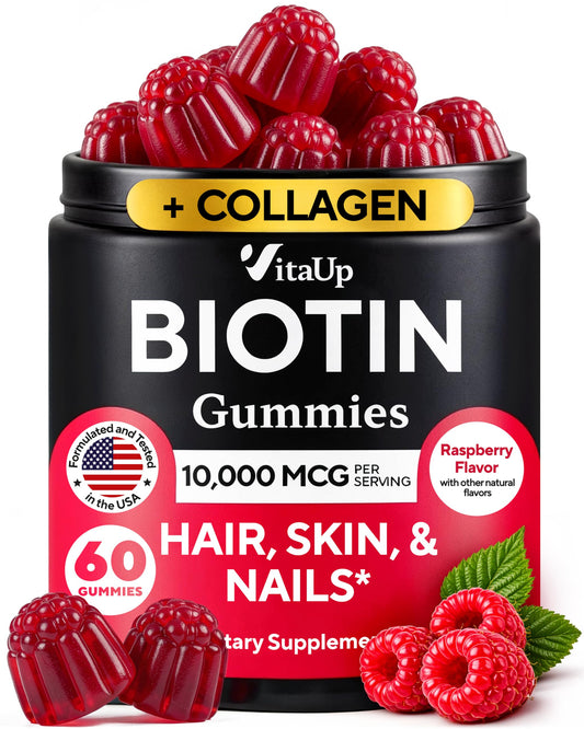 VitaUp Biotin Gummies raspberry bottle close-up for daily beauty support.
