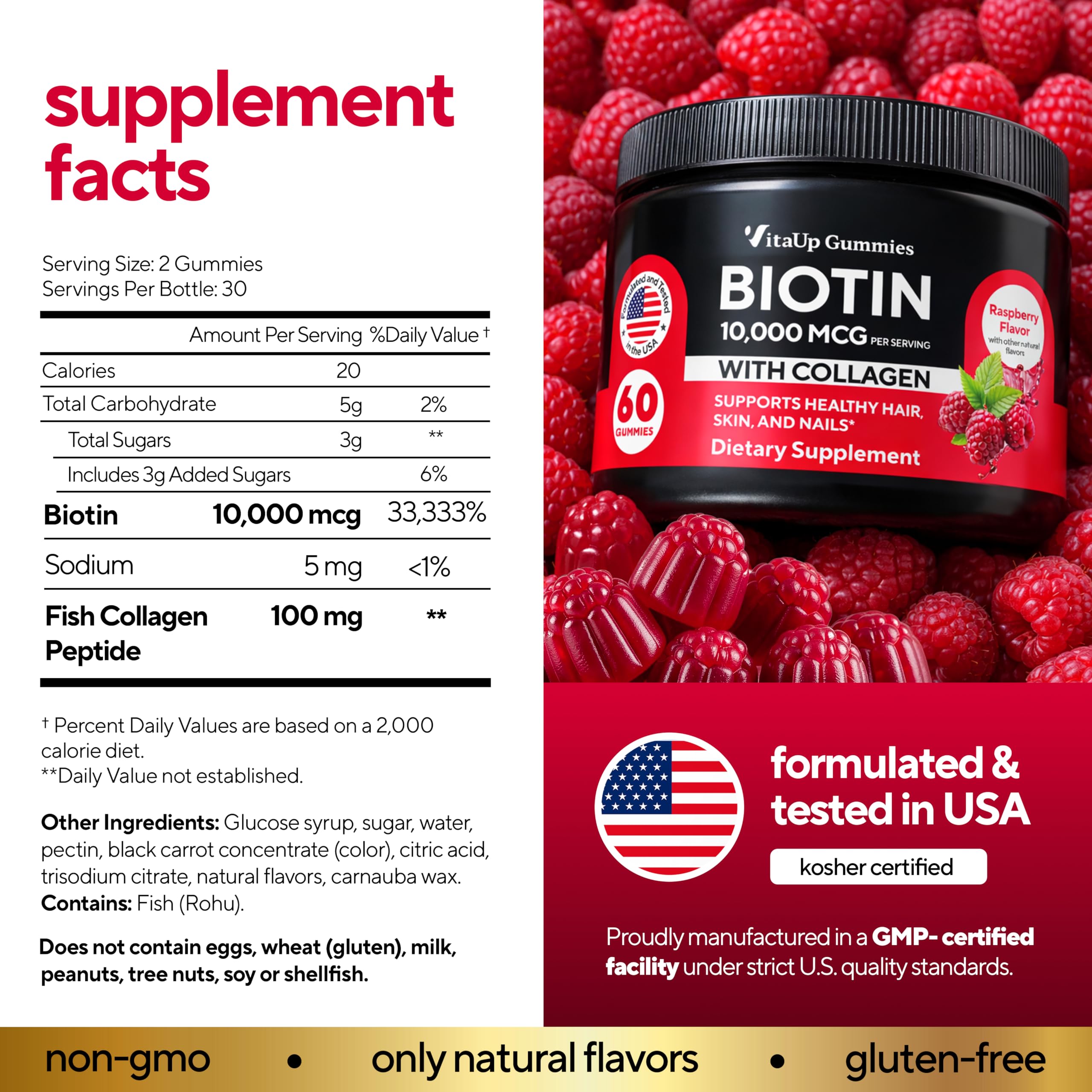 VitaUp Biotin Gummies raspberry close-up highlighting chewy texture and flavor.